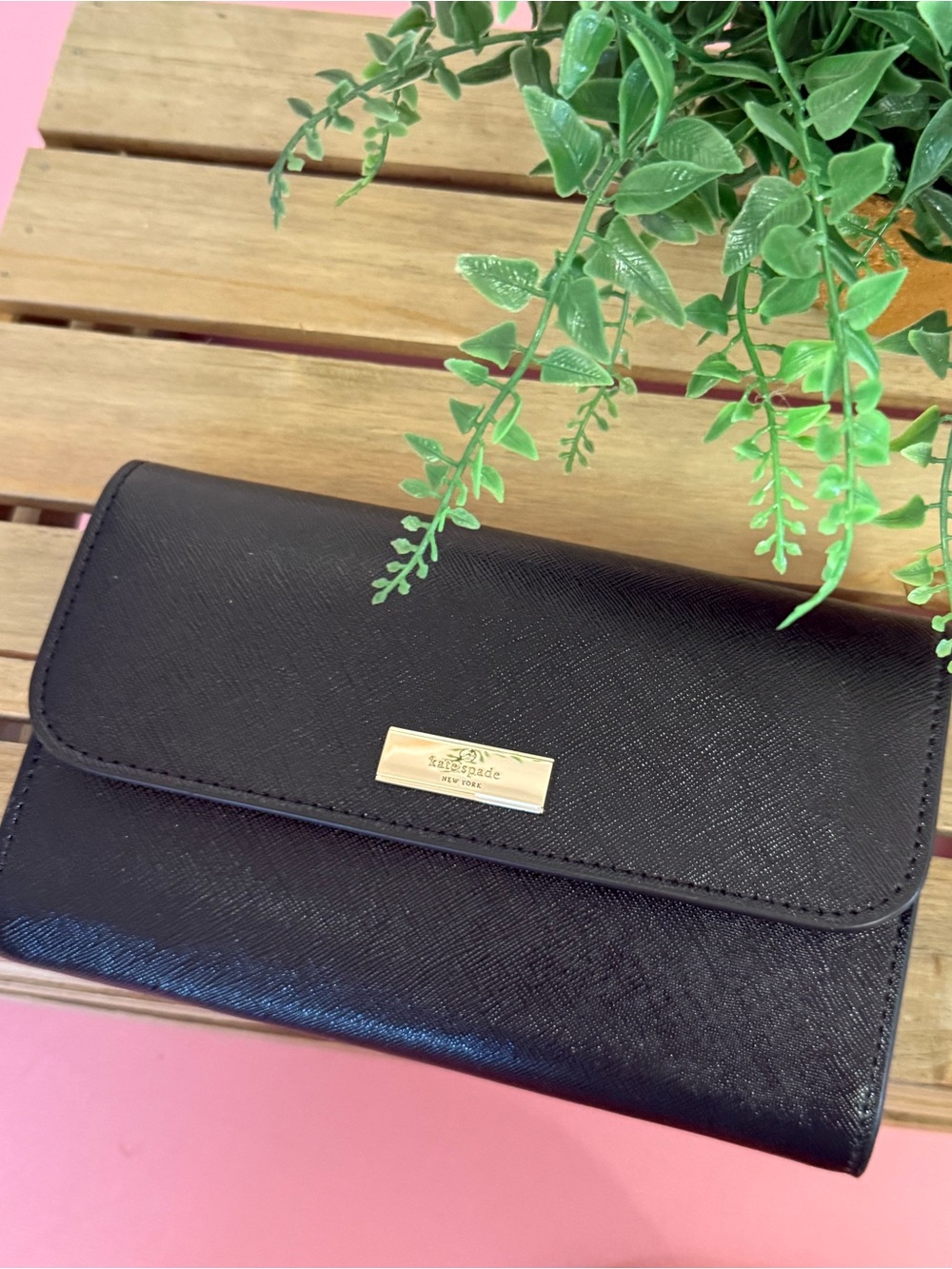 Kate Spade Black Saffiano Leather Flap Wallet with Gold Plaque Good Condition